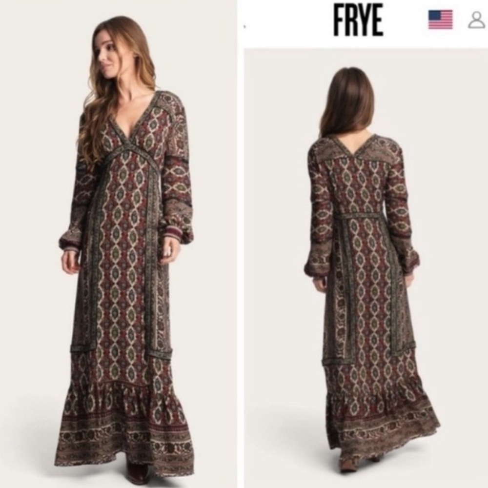 NEW Frye Boho Cottage brown paisley V-neck long sleeve pleated retro maxi dress